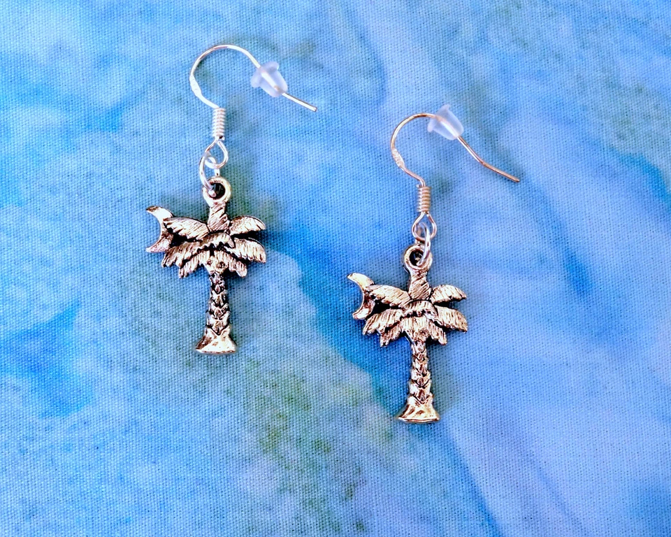 PENDIENTES TROPICALES HAWAIANA PALMERA ~ LUAU PLAYA FIESTA PLATA ~ GANCHO ESTERLINA Foto 2 de 4