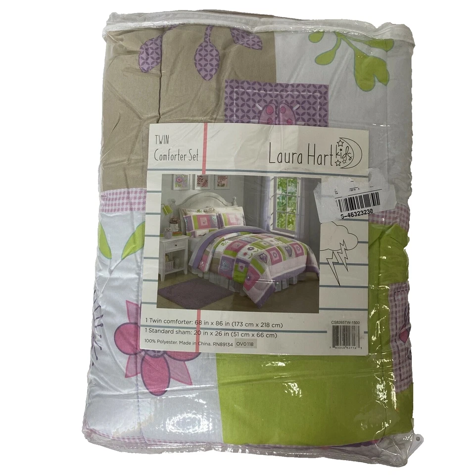 Laura Hart Happy Owls Flowers Patchwork KIds Twin Comforter Sham Pink Set - Image 3 of 4
