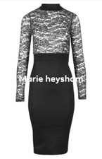 Pretty Body Black & silve Lace Topped Bodycon Long Sleeve Midi Dress BNWT Size 8