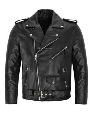 Mens Brando Leather Jacket Motorcycle Cowhide Marlon Biker Jacket halloween