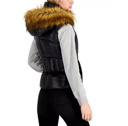 S13 New York Snowcat Natural Faux Fur Trim Hooded Down Puffer Vest Jet/Natural - Picture 15 of 28