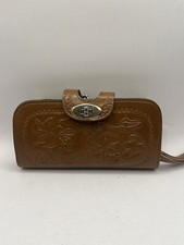 Vintage Hand Tooled Leather Purse With Wristlet Embossed Brown Rectangle
