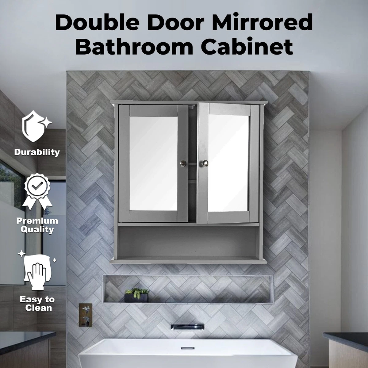 Bathroom Wall Cabinet Storage 2 Door Mirrored Cupboard MDF Shelves