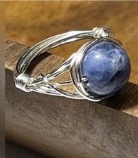 Natural Sodalite and Silver Wire Wrapped Ring - Handmade