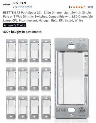 BESTTEN 12 Pack Super Slim Slide Dimmer Light Switch, Single Pole or 3 Way...
