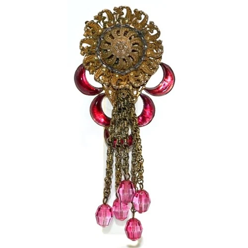 Miriam Haskell Pink Glass Crescent Dangle Brooch Gold Tone Fringe Signed