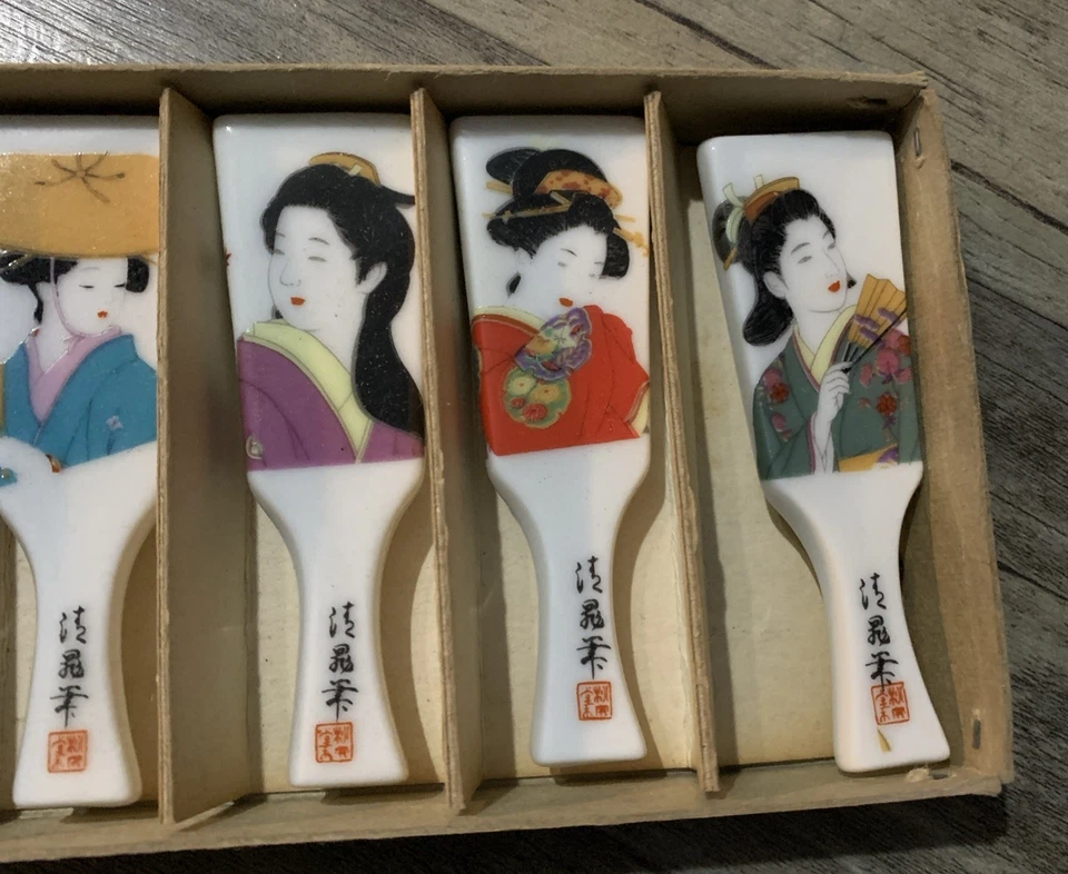 (6) De Colección Geisha Caras Picar Palo Soporte Niñas Porcelana Caja Original Japón Foto 3 de 4