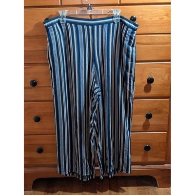 Coldwater Creek 18W Striped Pants Wide Leg Viscose Blue Tan Elastic Waist