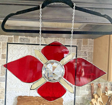 Large Handmade Stained Glass Red Flower Suncatcher 16 Crystal Window Hanging