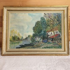 French Naive Vintage Oil Painting Country Scene Cottage By The River Signed J.B