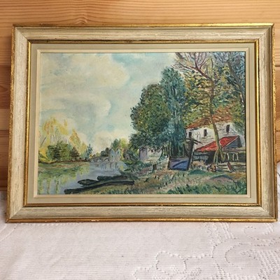 Französisches naives Vintage Ölgemälde Landszene Landhaus am Fluss signiert J.B