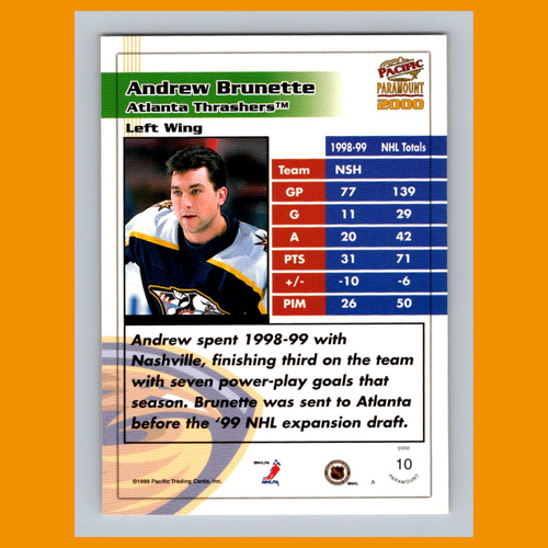 Andrew Brunette #10 1999-100 Pacific Paramount Red Nashville Predators Hockey - Bild 2 von 3