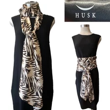 HUSK Dark Brown 100% Silk Animal print Long Scarf or Belt Sash  31cm x 240cm