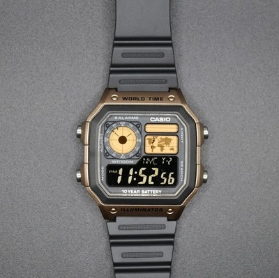 CASIO AE-1200WHD. Royale World Time Watch Mod. Gold Filter. Negative Display