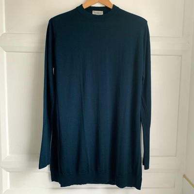 John Smedley 100% Wool Knit Longline Jumper Womens Medium Teal Green Split Hem