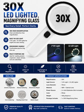 30X Jumbo Handheld Magnifying Glass w/ 12 Bright LED Light Illuminated Magnifier