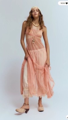 Intimately Free People Madeline Mesh Lace Godet Sheer Maxi Slip Dress S 