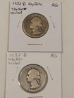 Two (2) Key Date 1932-D Washington Quarters, Natural AG Condition
