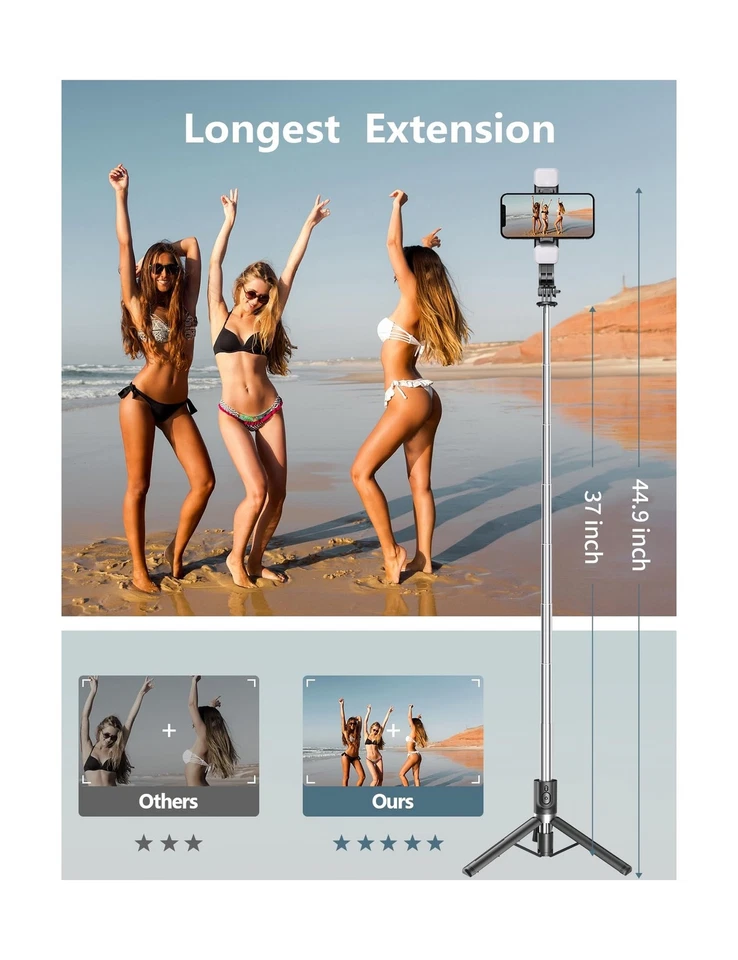 Selfie Stick Tripod with Light, 45'' Selfie Stick with Wireless Remote, Porta... - Image 3 of 4