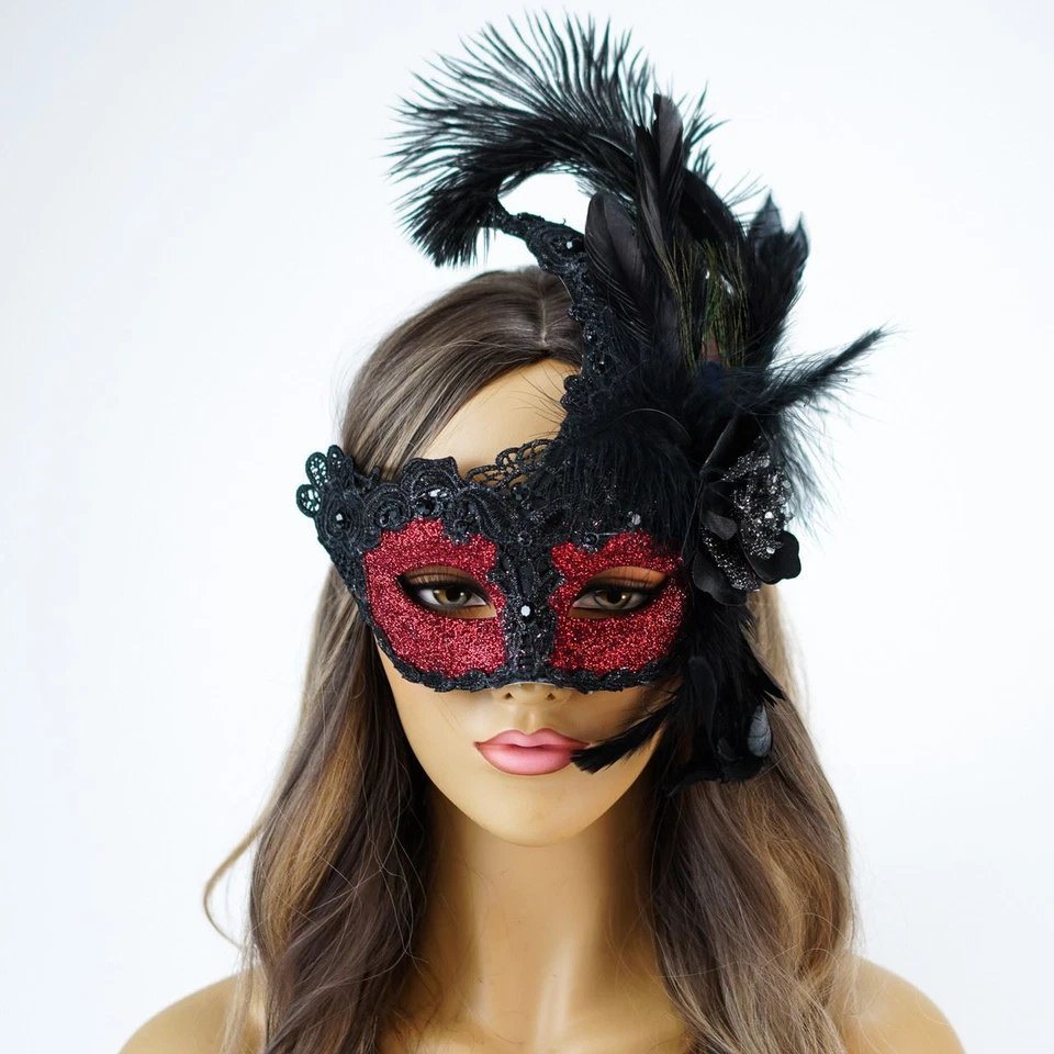 Black Red Feather Masquerade Mask Mardi Gras Burlesque Mask Red Glitter - Image 4 of 4