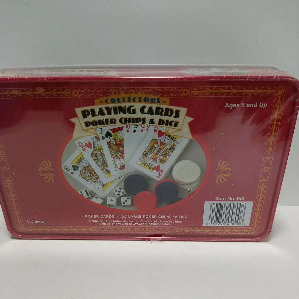 Vintage Cardinal Collectors Poker Set Playing Cards 100 Chips 5 Dice Tin Sealed - Image 4 of 4