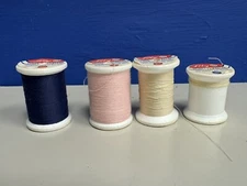 Vtg 3 Spools (+1) Lily USA Thread Polyester Spun Blue Pink Beige