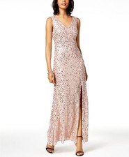339 Nightway Women'S Pink Gold Sequined Lace Slit V-Neckline Gown Dress Size 8