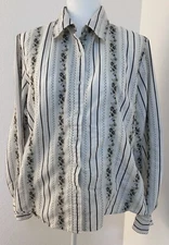 White Stag Women’s Button Up Floral Brown And Tan Stripe Blouse Size Large