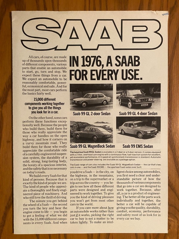1976 Saab 99 Sales Brochure Folds Open into a Poster - GL 2dr, 4dr, Wagon & EMS
