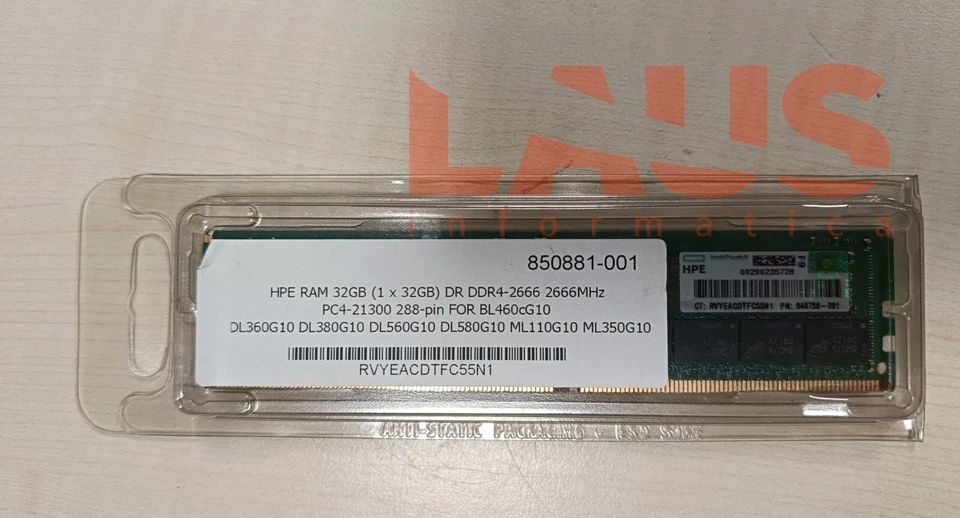RAM HPE 32GB DDR4-2666MHz PC4-2666V 840758-091 ProLiant Gen10 - Usato Garantito - Immagine 2 di 3