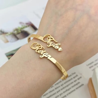 Customized Double Name Bracelet Bangle Cuff Jewelry Stainless Steel Anniversary