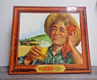 GENESEE BEER Farmer Enjoying A Glass Of Beer Bar Sign