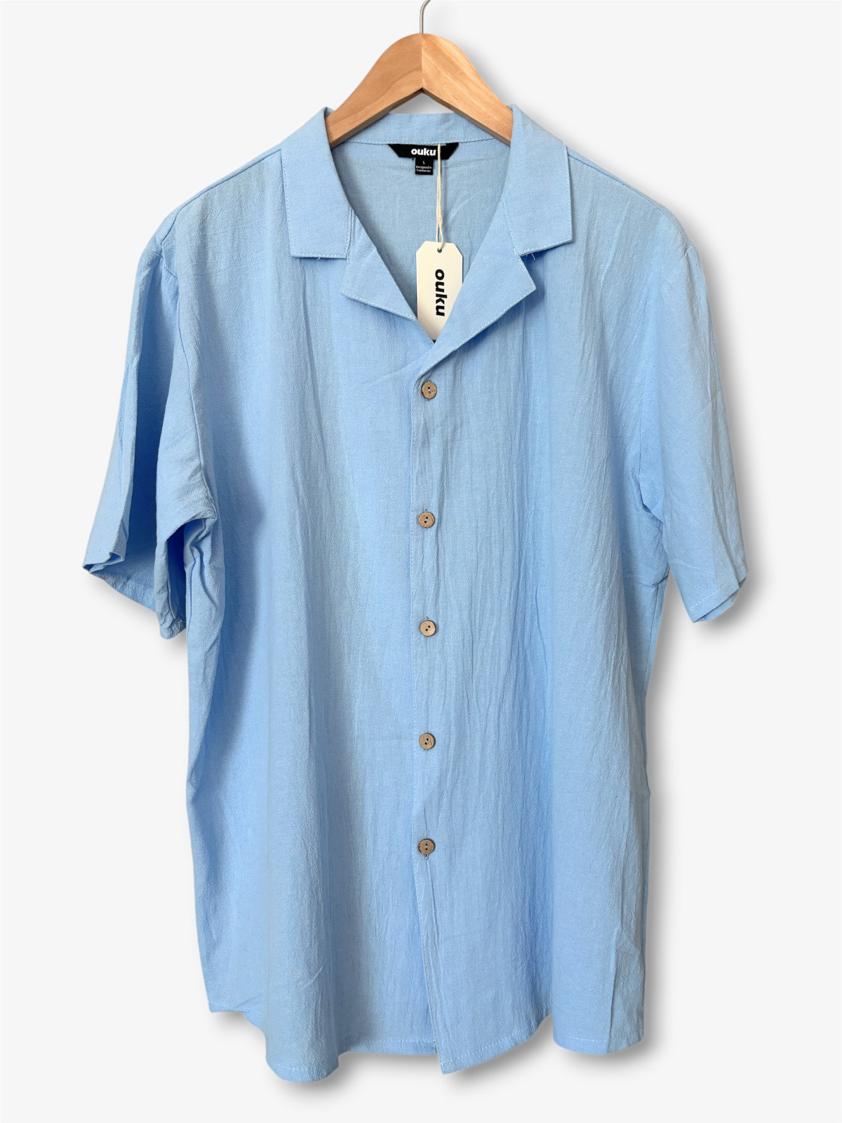 Ouku Light Blue Linen Blend Camp Collar Short Sleeve Shirt Mens Large Vacation