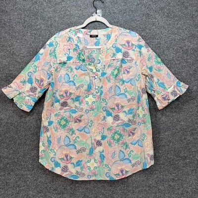 Walbusch Blouse Womens 42 Multicolor Floral Ruffle Sleeve Cotton Henley Top