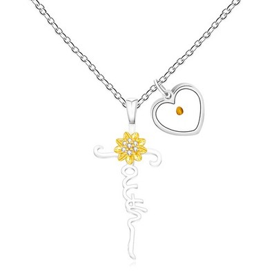 Sunflower Cross Religious Mustard Seed Faith Necklace Stainelss Steel Chain