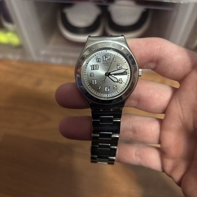 Men s Swatch Irony Stainless Steel Water Resistant Watch Silver Face Used Cond