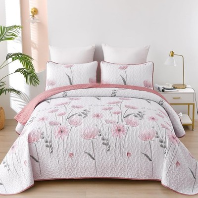 Floral Quilt Set Queen,Pink Bedspread Queen Size 3 Pieces Lightweight Farmhou...