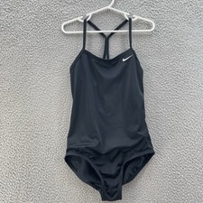 Nike Swimsuit Girl Small 128-137 Black Solid Stretch Performance Swoosh Logo