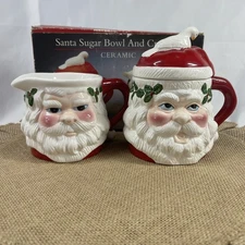 Santa Claus Ceramic Creamer and Sugar Bowl w/ Lid Christmas Set Vintage Kitschy