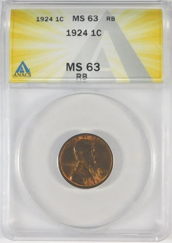 1924 VDB 1c Lincoln Copper Penny Cent ANACS MS63 RB