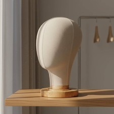 Textile Mannequin Head with Wooden Base Linen Covered for Studio