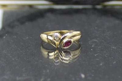 Rubin-Diamant Goldring, 585er Gelbgold, 14 Karat, Rubin-Navette - Bild 1 von 4
