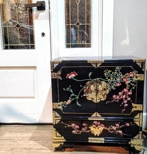 Chinese 24" Black Lacquer Chinoiserie Cabinet  Hand Painted Asian Furniture