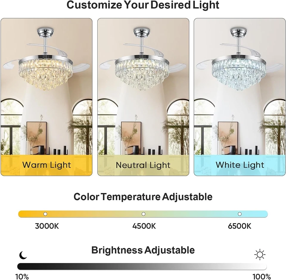 42'' Chandelier Ceiling Fan with Lights, Retractable 42 Inch, Chrome - Image 2 of 4