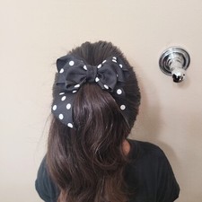 Girls Handcrafted Hairbow Black Dotted White OS