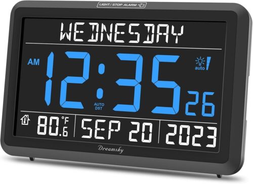 DreamSky Digital Clock with Date and Day of Week - Large Calendar Clock for Seni
