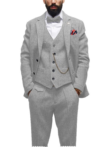 Tweed Men Suit 3 Piece Herringbone Wedding Tuxedo Suit Blazer Vest Size 42 44 46 - Picture 25 of 26