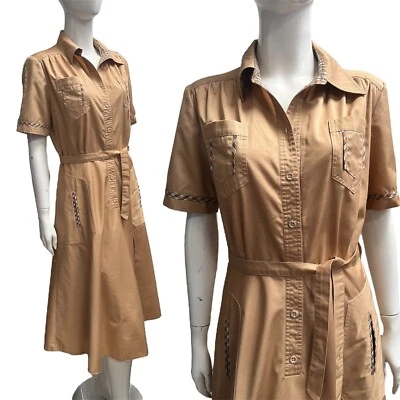 Vintage 70's Robe Chemise 12 Carreaux Marron Détail Midi Vrai Rétro A Ligne Mod - Photo 1/4