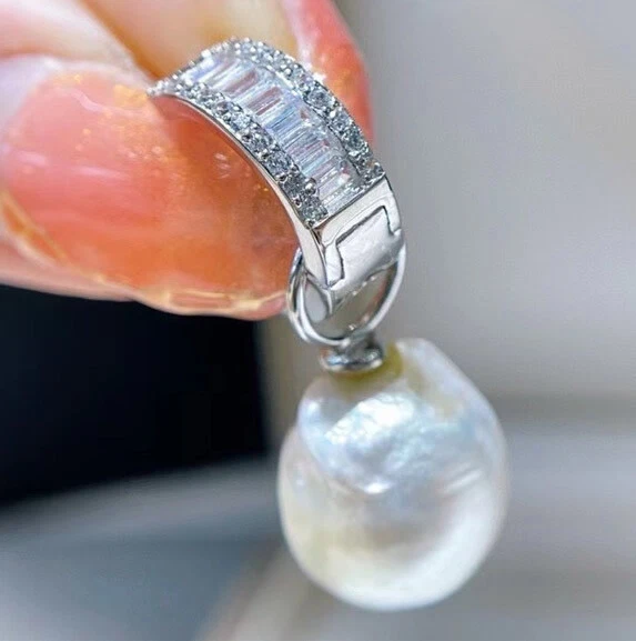 Pendientes de perlas barrocas grandes blancas naturales de 14-16 mm enchapados en oro 925S Foto 2 de 4