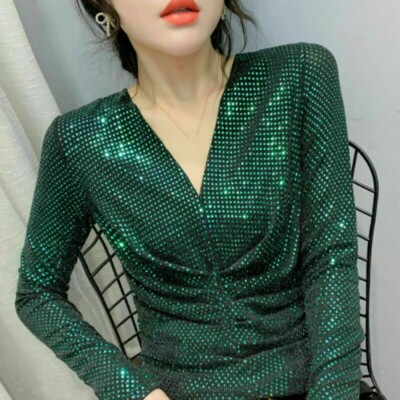 Pailletten Shirt Damen Top Bluse Party Clubwear Disco Glänzend Glitzer Rüschen